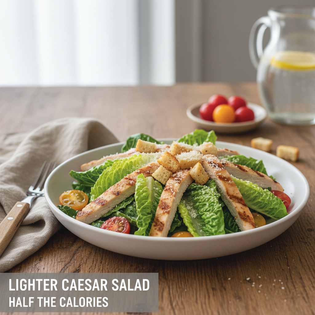 découvrez notre recette de salade césar allégée, savoureuse et légère, offrant presque deux fois moins de calories pour un repas équilibré et gourmand.