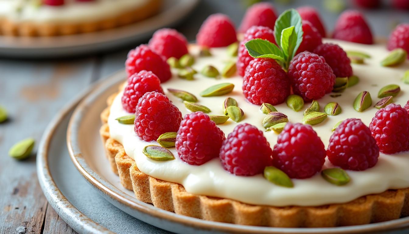 découvrez la tarte chocolat blanc framboise pistache, une alliance gourmande et raffinée à savourer chez vous. recette facile et irrésistible pour les amateurs de desserts fruités et chocolatés.