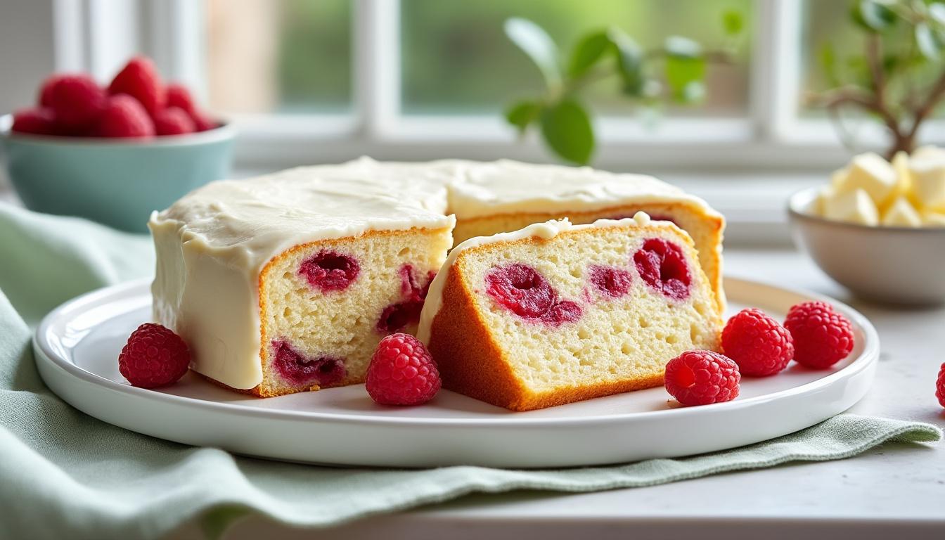 découvrez la recette facile et gourmande du gâteau moelleux framboise et chocolat blanc, parfaite pour régaler vos papilles en 2025.