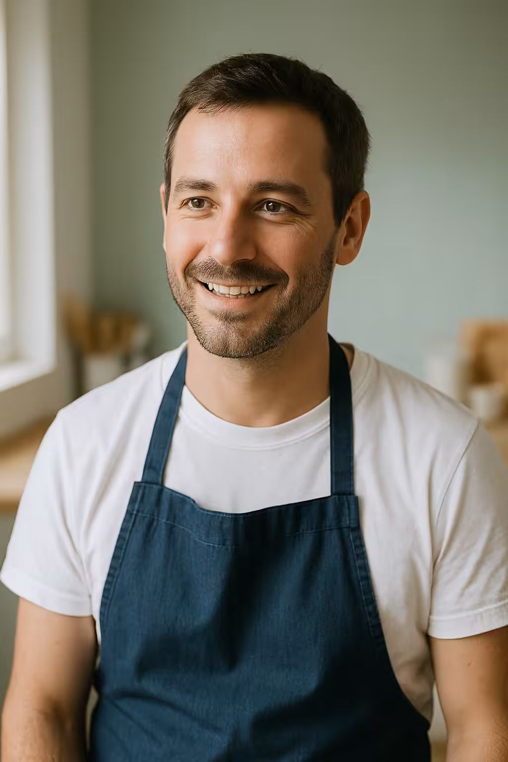 Homme souriant en tablier dans une cuisine
